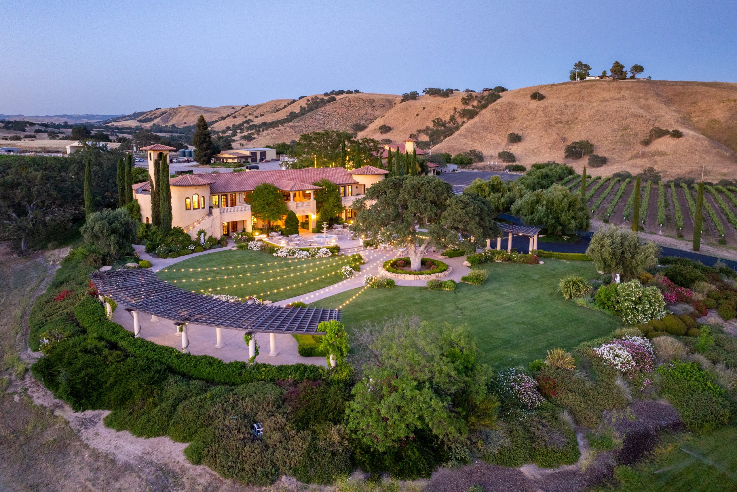 Aerial view of the front lawn at Villa San-Juliette