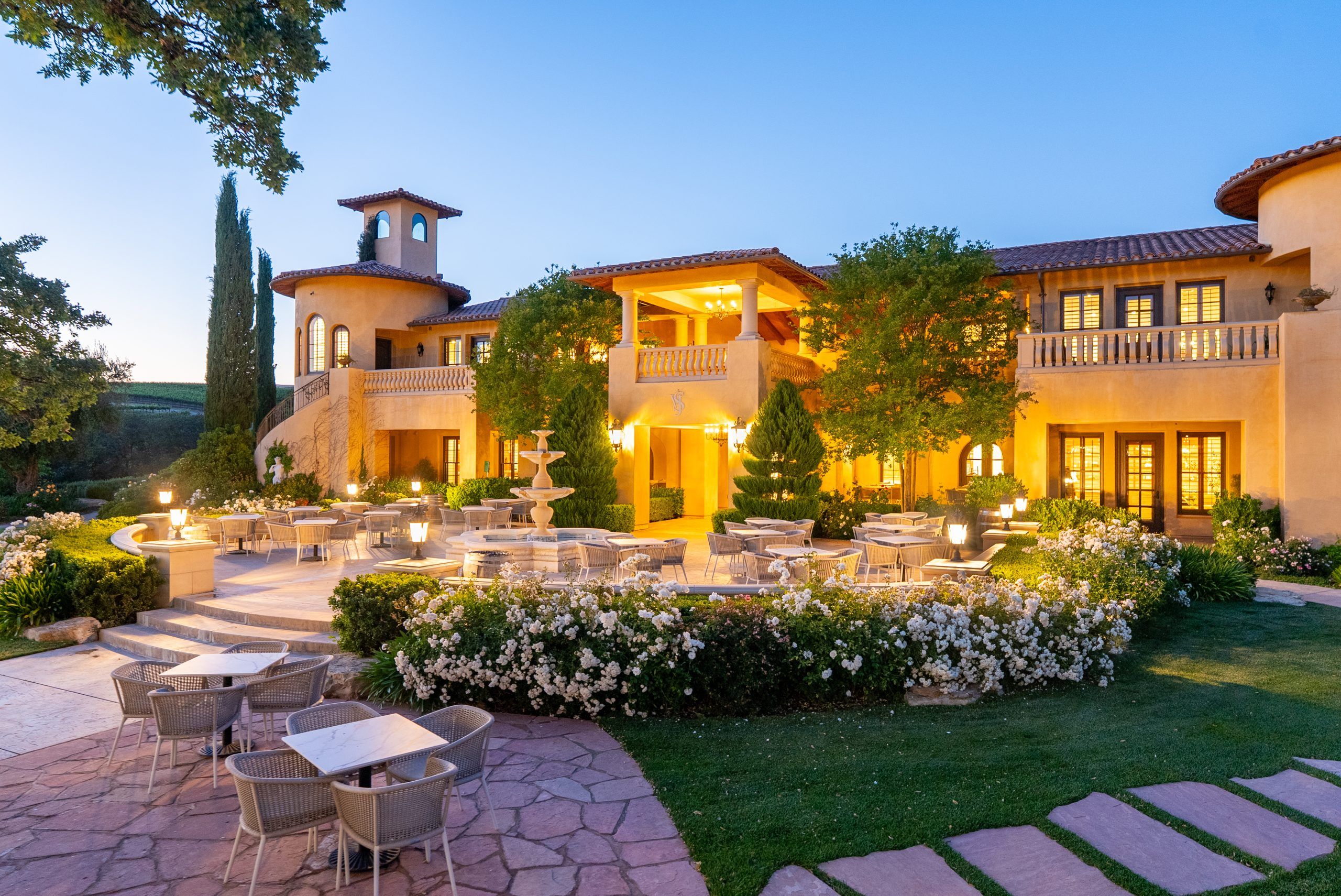 Front patio at Villa San-Juliette illuminated at dusk