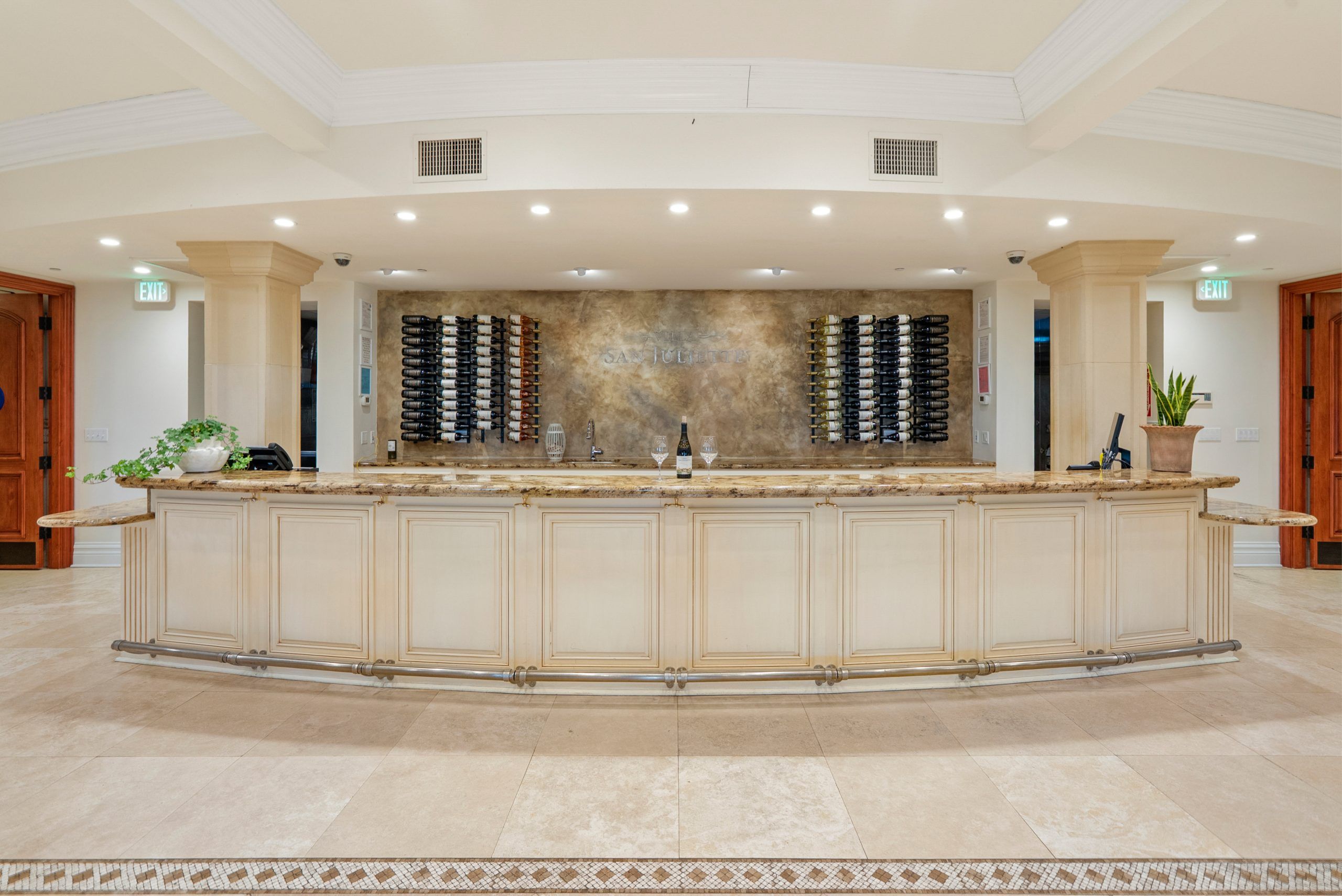Tasting room seating and architectural details at Villa San-Juliette