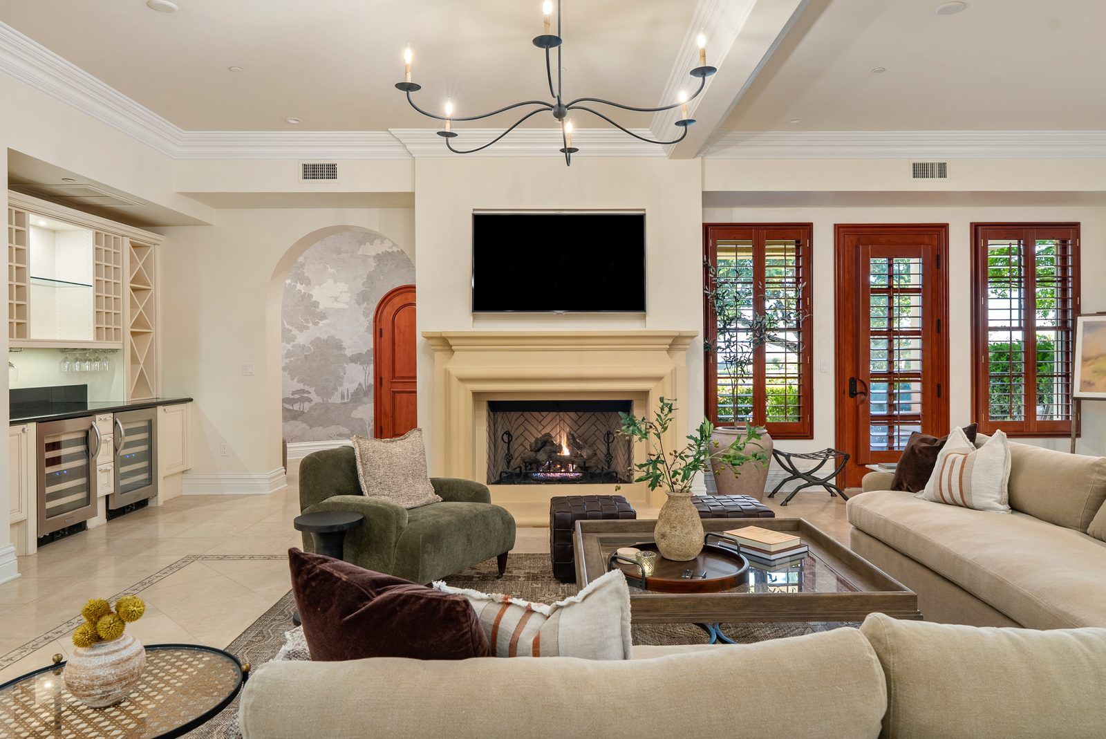 East Villa downstairs living room with fireplace